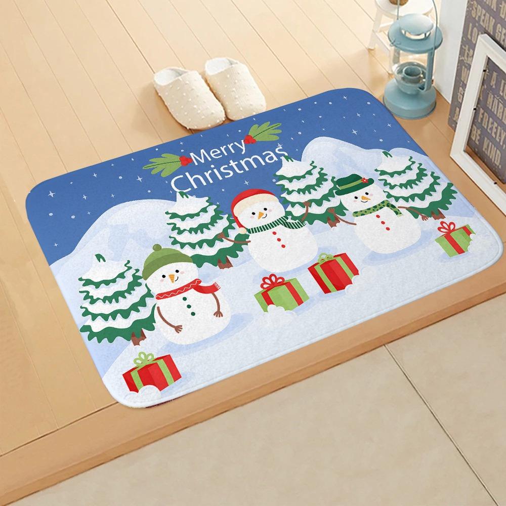 Christmas Themed Door Mat Santa Claus Snowman Gift Box Patterns Soft Non Slip Rug for Entryway Bathroom Xmas Decor