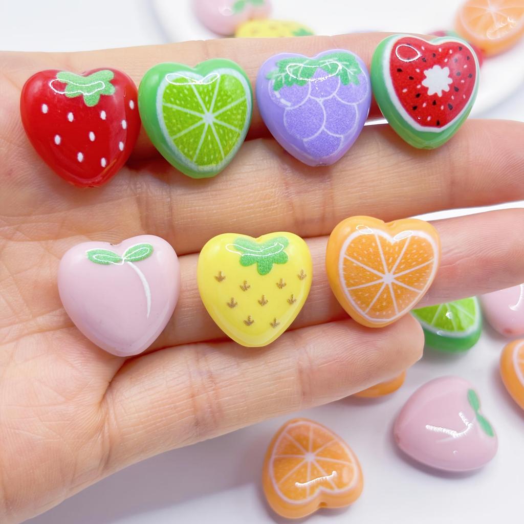 10 Heart-shaped Acrylic Spacer Beads with Mixed Fruits, Suitable for Necklaces, Bracelets, Earrings, and DIY Crafts.