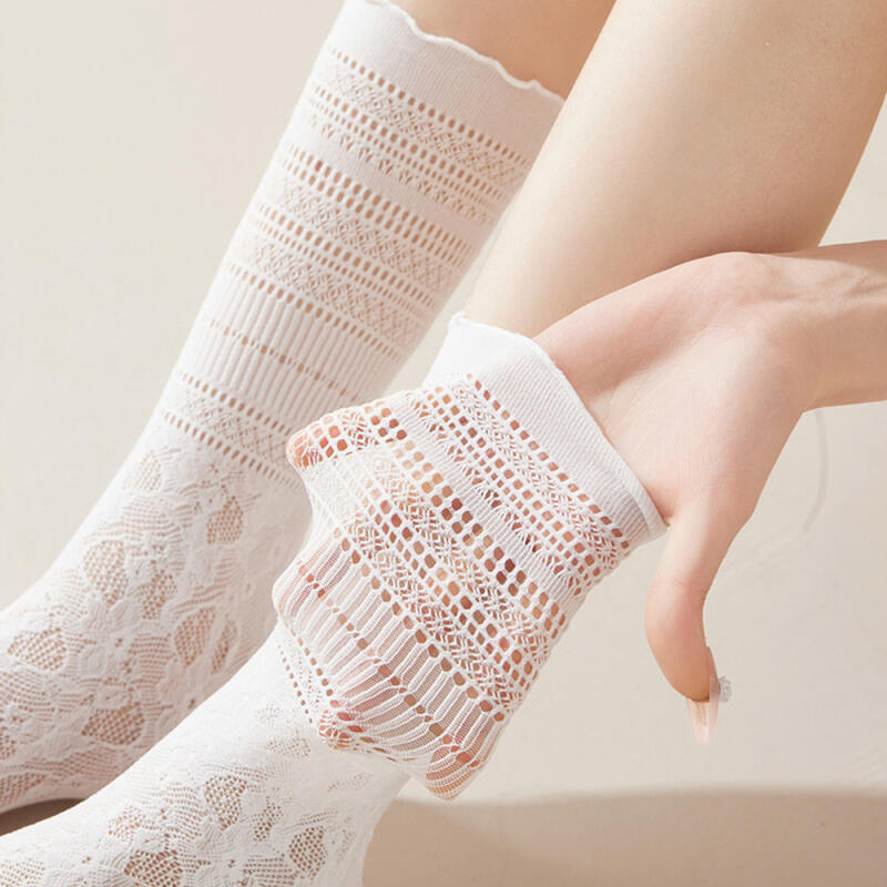 Aris Frill See-Through Floral Mesh Summer Stockings Long Socks ivory