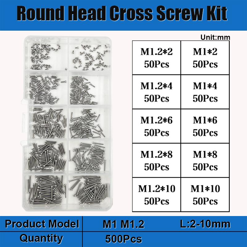 

500/320pcs M1 M1.2 M1.4 M1.6 M2.5 M3 Stainless steel Cross Phillips Pan Head Screw Round Bolt Small Machine Screw Assortment Kit