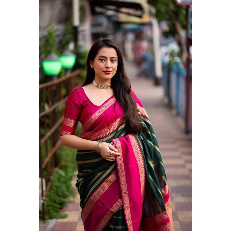 Yashika Women s Latest Woven Printed Kanjivaram Banarasi Art Silk Saree Saree with Unstitched Blouse Material - Suitable Free Size зелёный