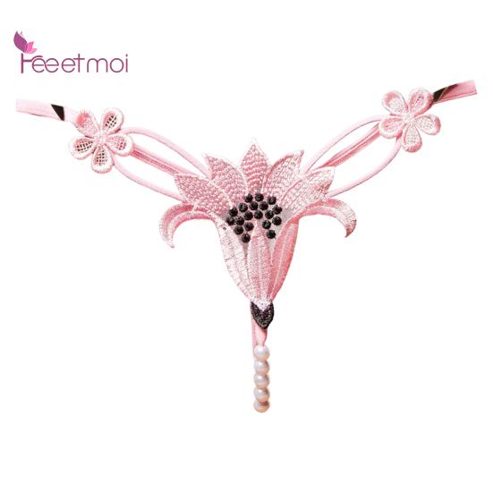 Damenhöschen, atmungsaktiv, niedriger Nylon-Blumenperlen-Unterwäsche, Tanga-Taille