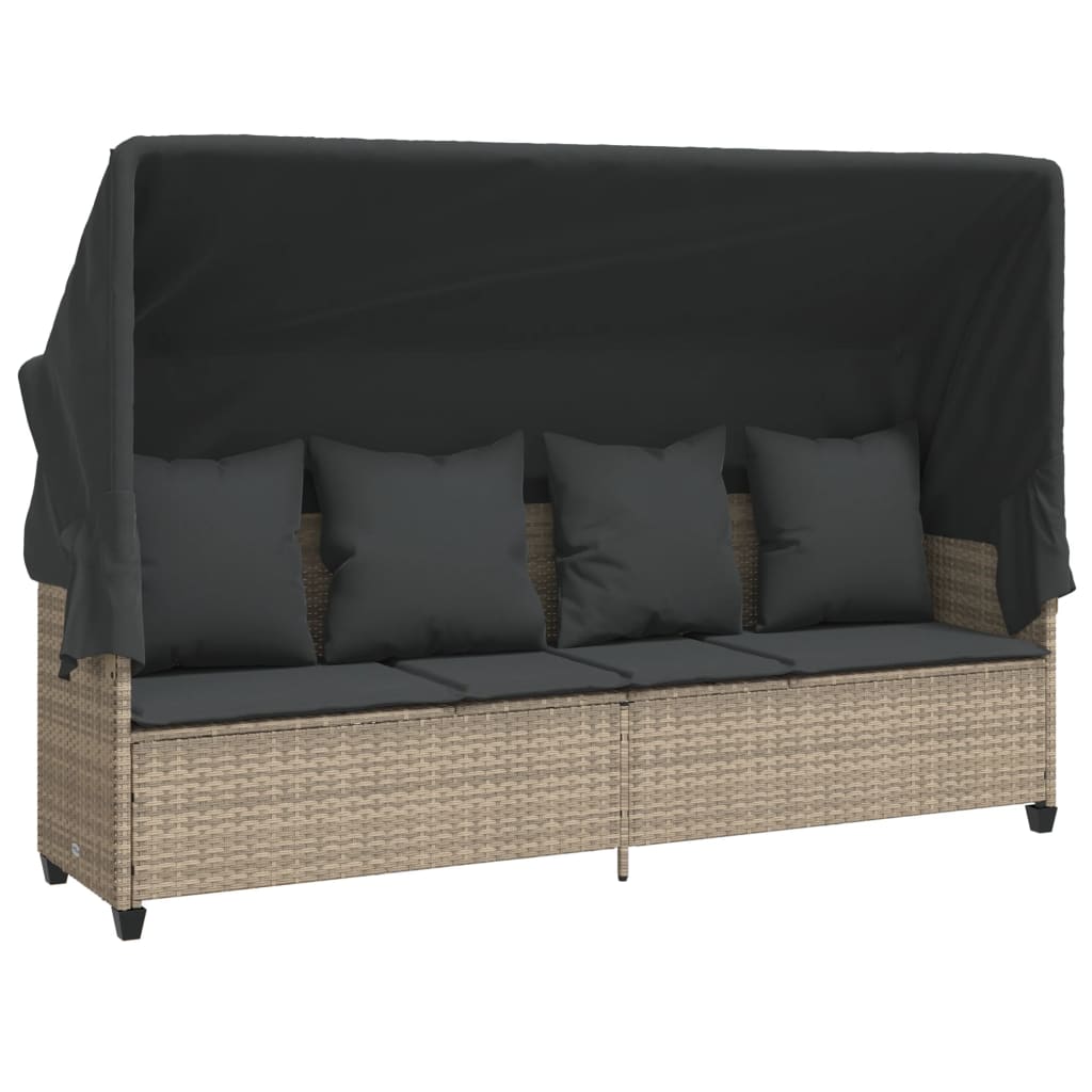 Vidaxl Sun Lounger with Canopy and Cushions, Light Gray, Poly Rattan