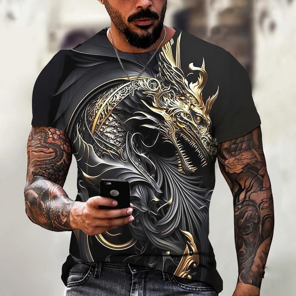 Summer sportswear men's metal dragon T-shirt 3D animal print fashion men's T-shirt casual short sleeved loose oversized top