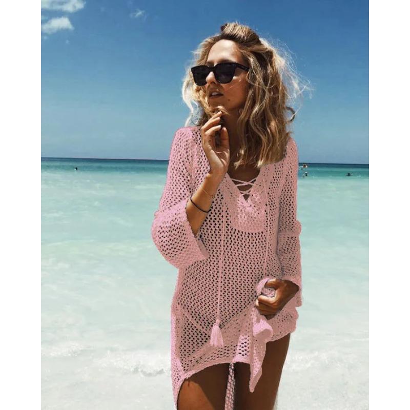 2025 New Beach Cover Up Bikini Crochet Knitted Tassel Tie Beachwear Summer Swimsuit Cover Up Sexy See-through Beach Dress
