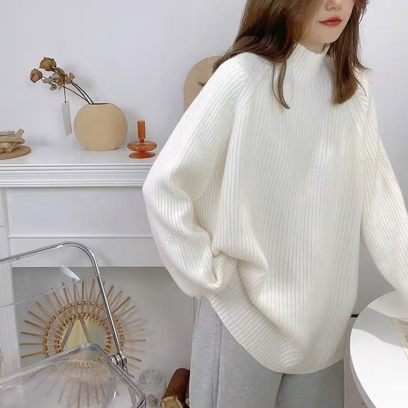 Semi-turtleneck Pit Strip Pullover Women's Autumn and Winter New Loose Large Size Lazy Wind Bottomed Knitted Sweater Top