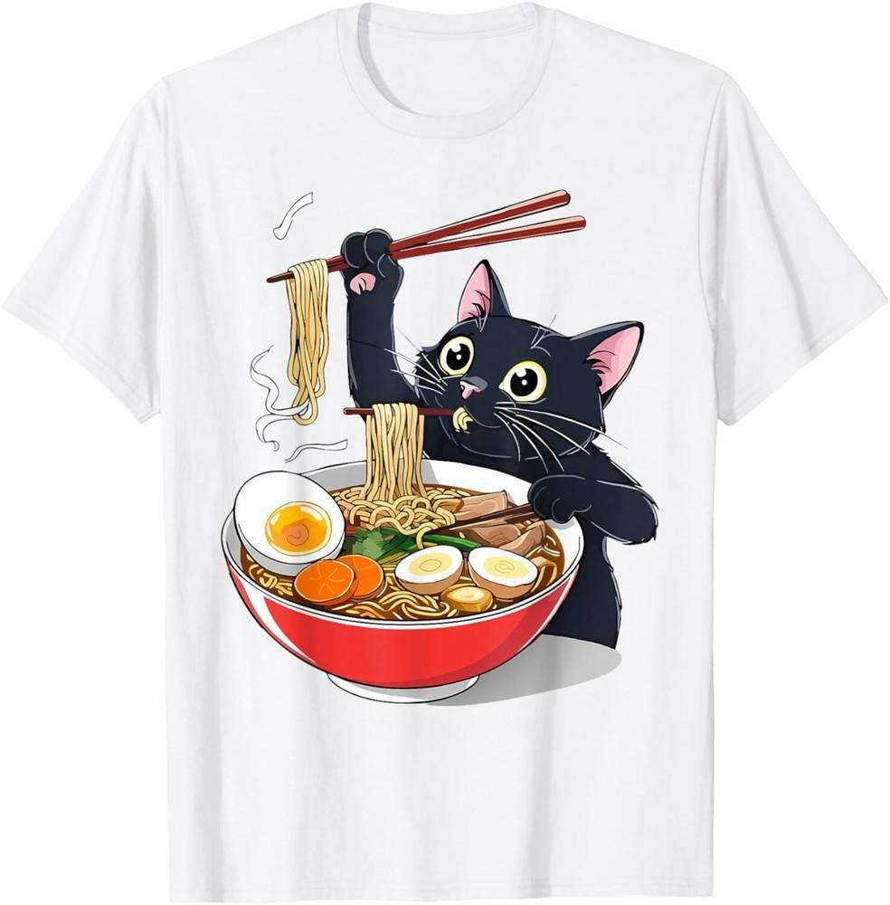Innocent Black Cat Eating Ramen Noodles Funny Japanese Anime Unisex T-Shirt