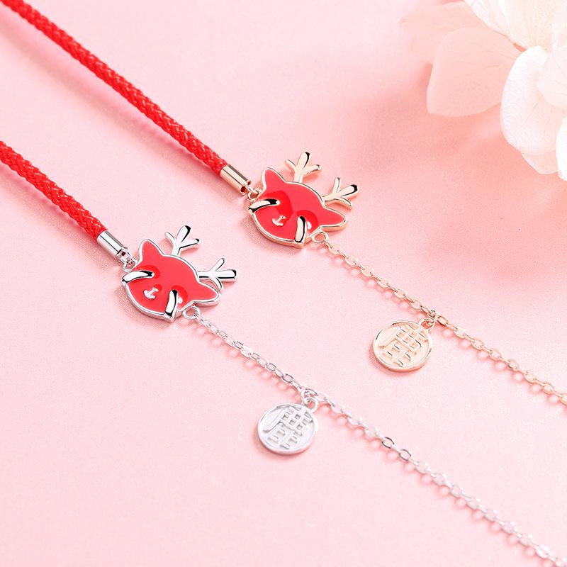 S925 Sterling Silver Antler Bracelet with Temperature-Sensitive Color Change, Woven Red Rope, Chinese Style Women's Christmas Jewelry Gift.