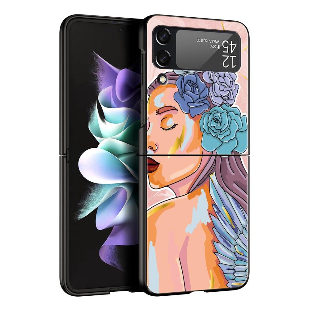 Paris Art Blue Butterfly Girl Flower Phone Case for Samsung Galaxy Z Flip 3 4 5 Black Folding Mobile Shell Hard Protect Cover