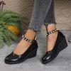 Elegant Ladies Pearl Ankle Strap Wedge Shoes for Women Autumn 2025 Black Pu Leather Office Pumps Woman Comfort Soft Mary Janes