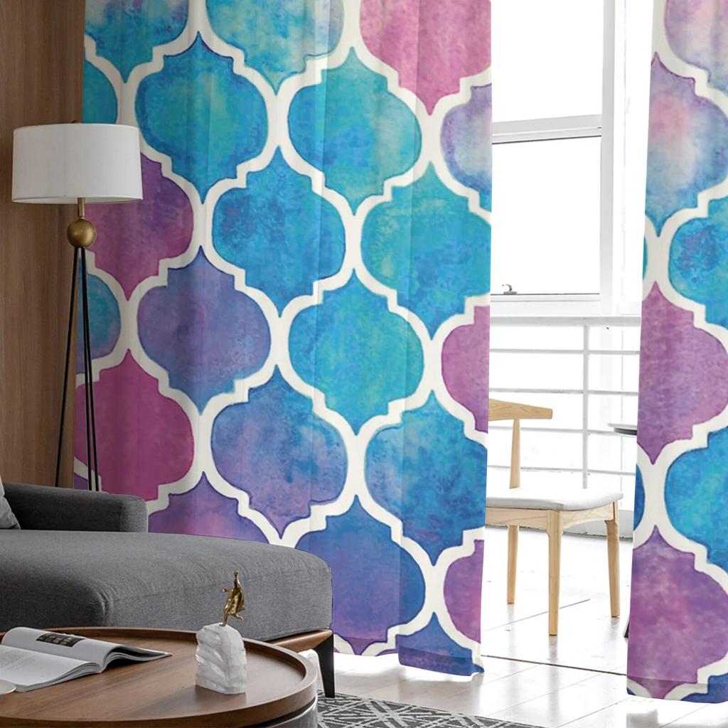 Cortinas de Tule Coloridas Xadrez Marrocos Para Decoração de Sala de Estar Quarto Chiffon Voile Transparente Cortina de Janela de Cozinha