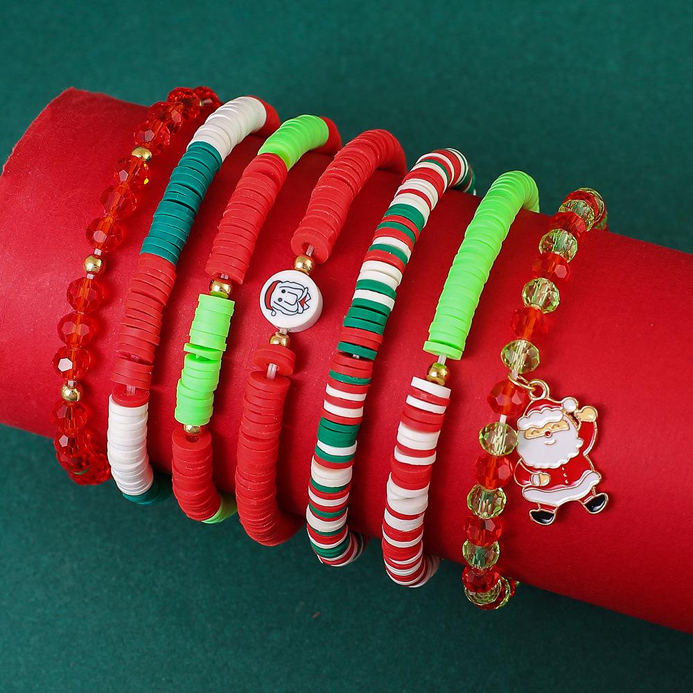Festive Santa Claus & Christmas Tree Polymer Clay Bracelet Set