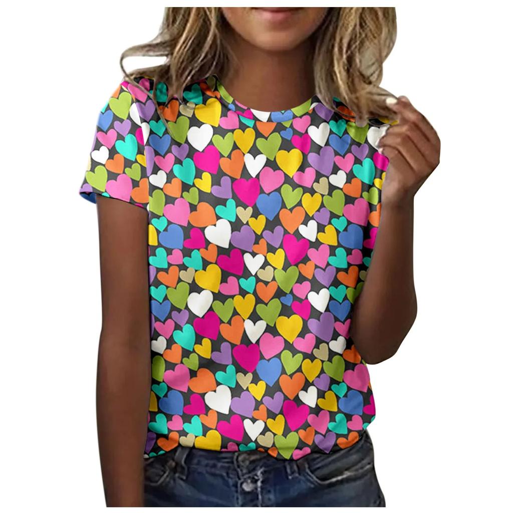 Women's 3D Printed Round Neck Short Sleeved T-shirt In Color
