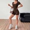 Mono Corto de Mujer de Manga Corta y Cuello Cuadrado, de Canalé, Liso, de Cintura Alta, Ajustado, de Alta Elasticidad, Bodysuit Casual