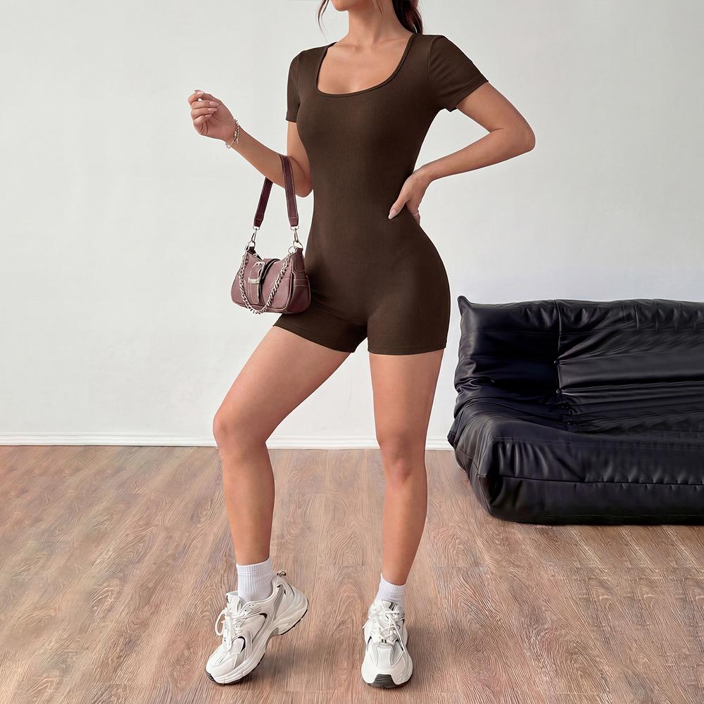 Mono Corto de Mujer de Manga Corta y Cuello Cuadrado, de Canalé, Liso, de Cintura Alta, Ajustado, de Alta Elasticidad, Bodysuit Casual