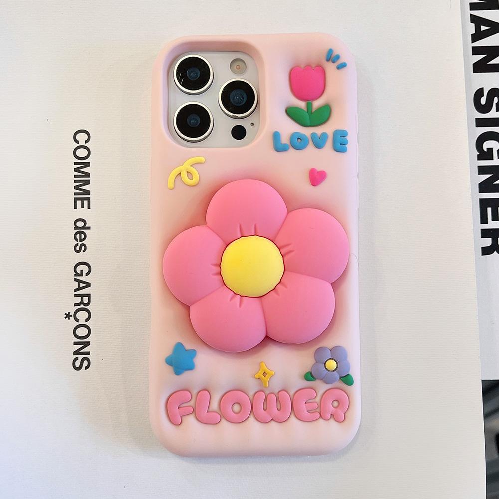 

Cute 3D Floral Bracket Soft Silicone Case Flower Stand Holder Cover for iPhone 16 15 14 13 12 11 Pro Max 7 8 Plus X XS Max XR iPhone 16 Plus рожевий