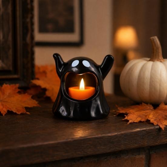 Halloween Ghost Candle Holder with LED Candle, Cute Tea Light Tabletop Decoration Holder, Spooky for Indoor Home Decor, Holiday Party Supplies Shaped