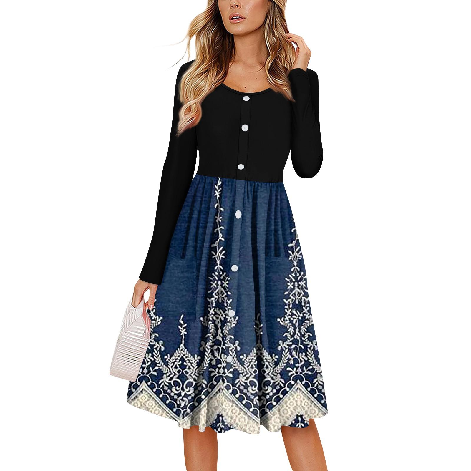 

Женский повседневный модный сексуальный удобный сарафан с пуговицами, длинными рукавами и карманами, платье с цветочным принтом L тёмно-синий