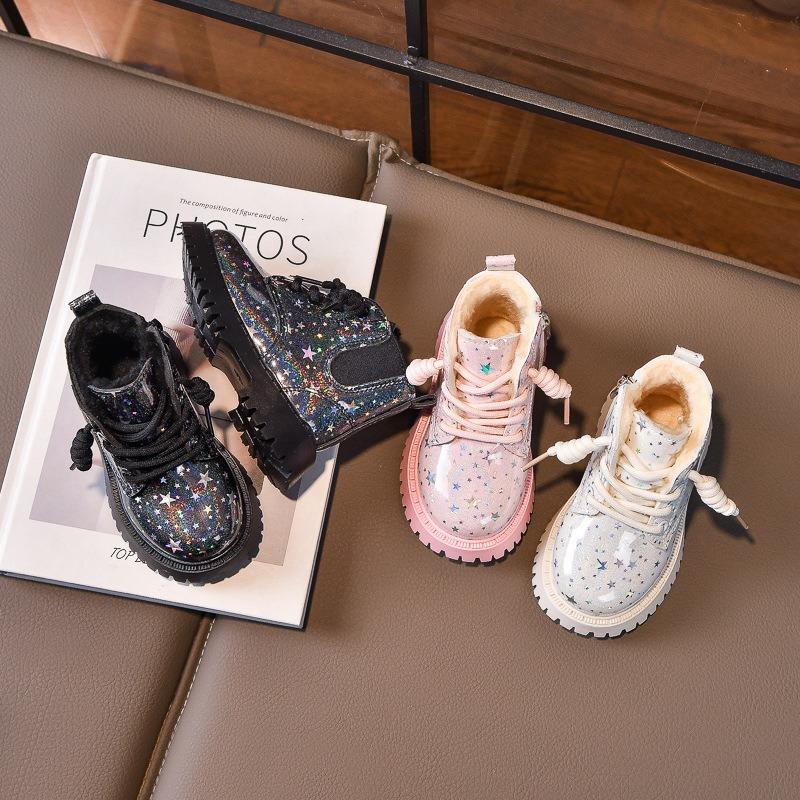 Girls' Fashion Martin Boots, Winter New Arrivals Children's Fleece-lined Boots, Versatile Soft-Sole Warm Low-Cut British Style Boots.