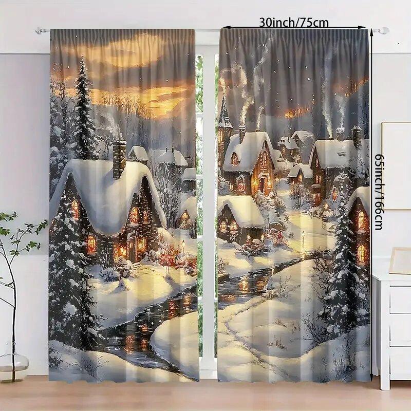 2 Pcs Christmas Snow House print curtains,suitable for bedroom,living room kitchen decoration,home decoration,window decoration