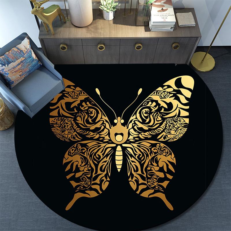 Golden Butterfly Round Area Rug,Carpet Rug for Living Room Bedroom Sofa Playroom Decor,Non-slip Floor Mat
