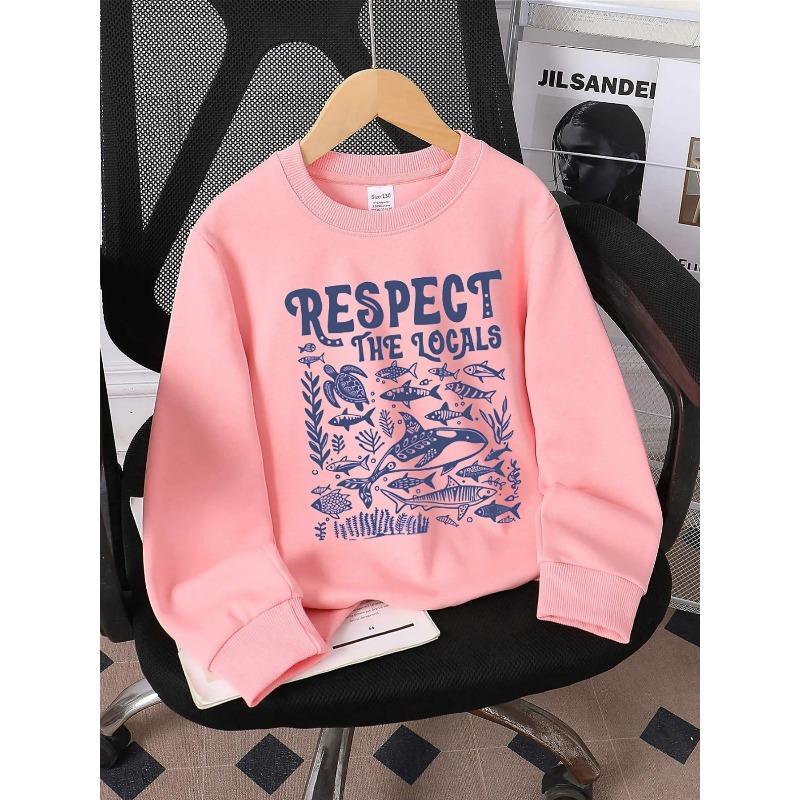 Kids Crewneck Sweatshirt, Respect The Locals Sea Life Graphic Print,Spring Autumn Casual Sport Tops
