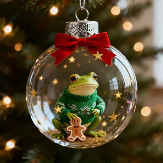 Frog Christmas Ornament Clear Plastic Xmas Hanging Ball with 3D Frog Ornament Holiday Keepsake
