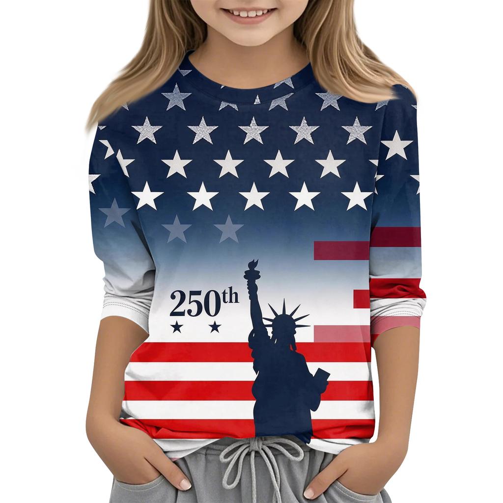 Children's 3/4 Sleeve Tops Casual Print T Shirt Round Neck Pullover Blouse