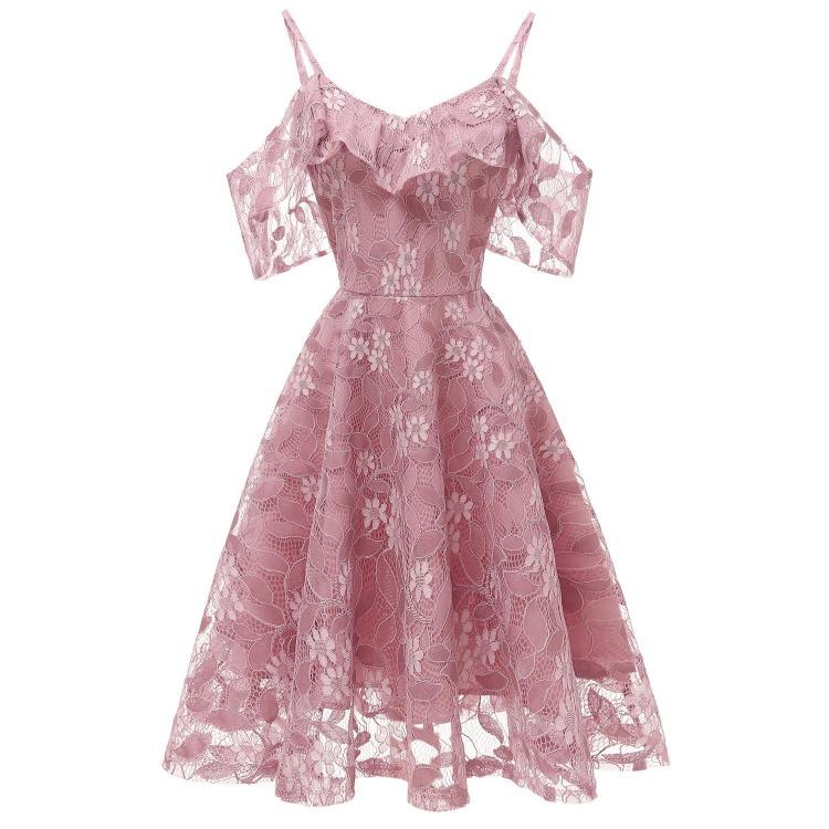 Bright Deer Women Cold Shoulder Bridesmaid Dress Floral Crochet Lace Ruffle Cami Strap Midi Dress for Wedding Evening Formal Party Cocktail Occasions