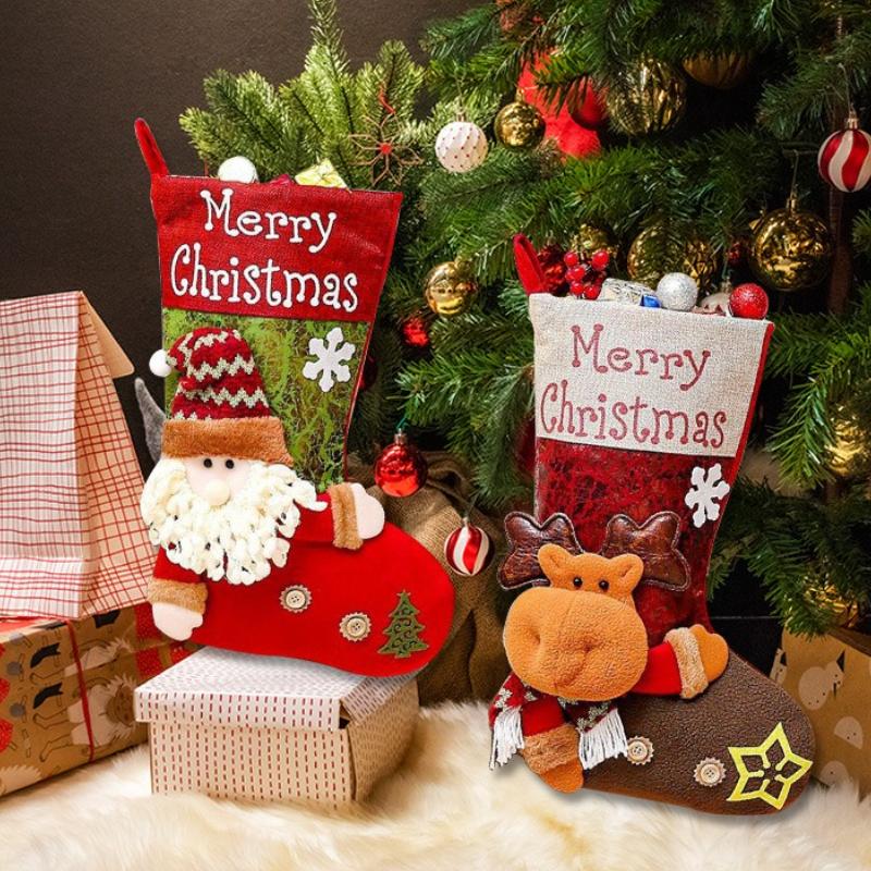 Santa Claus Christmas Socks Snowman Plush Ornaments Stockings Storage Bags Home Decor Gift Holders Christmas Tree Decoration