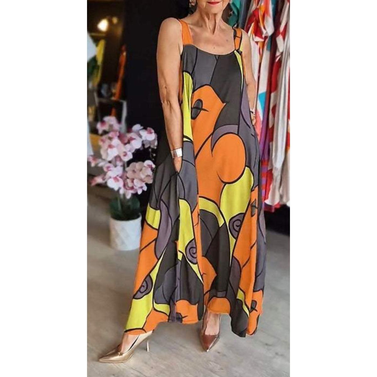 

Женское повседневное длинное платье без рукавов без рукавов с геометрическим принтом больших размеров и карманами XXXL оранжевый