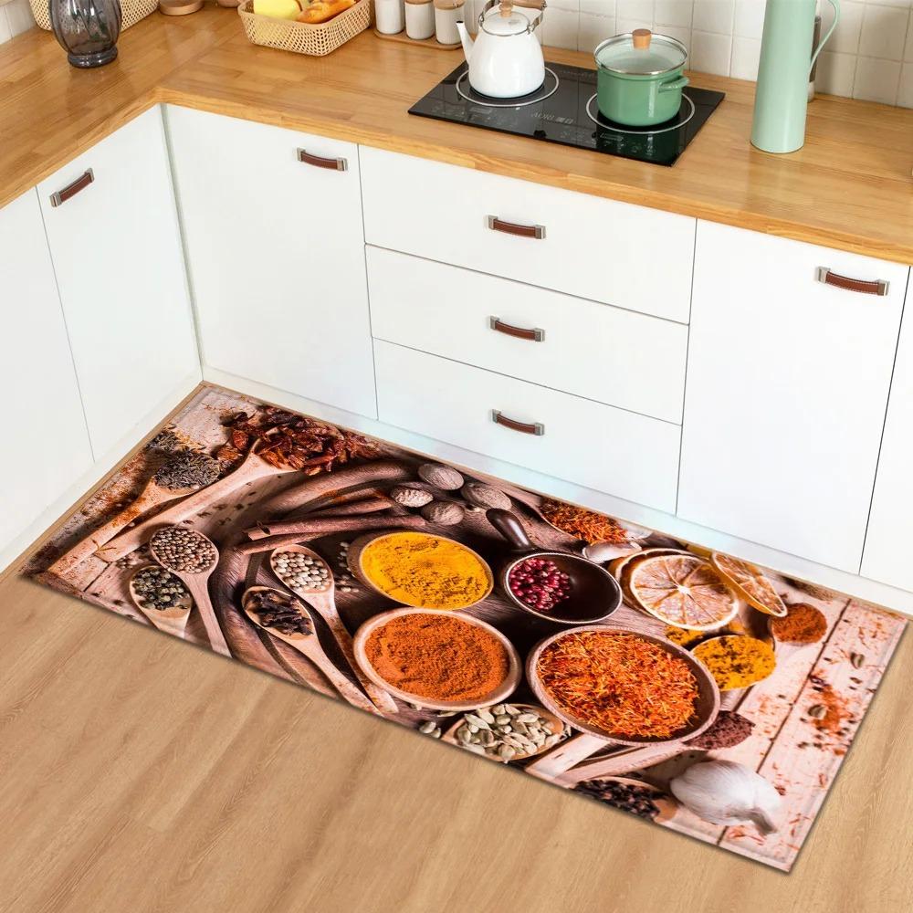 Tappetini per Pavimento Cucina di Casa con Motivo di Ingredienti e Spezie Decorazione Ingresso Tappetini per Pavimento