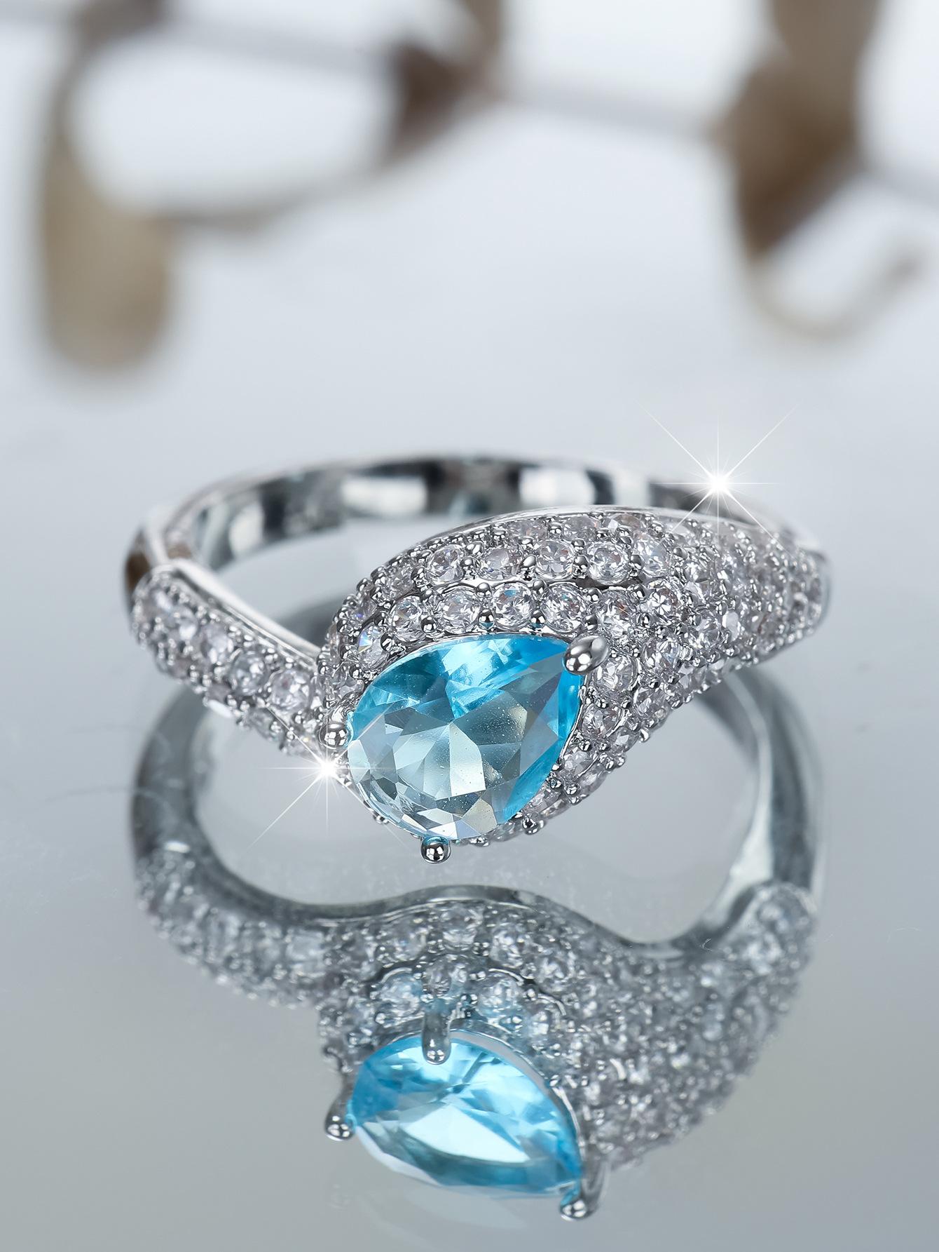 

ins burst full of white diamond water drop sea blue zircon ring, shining exquisite temperament ring no. 10