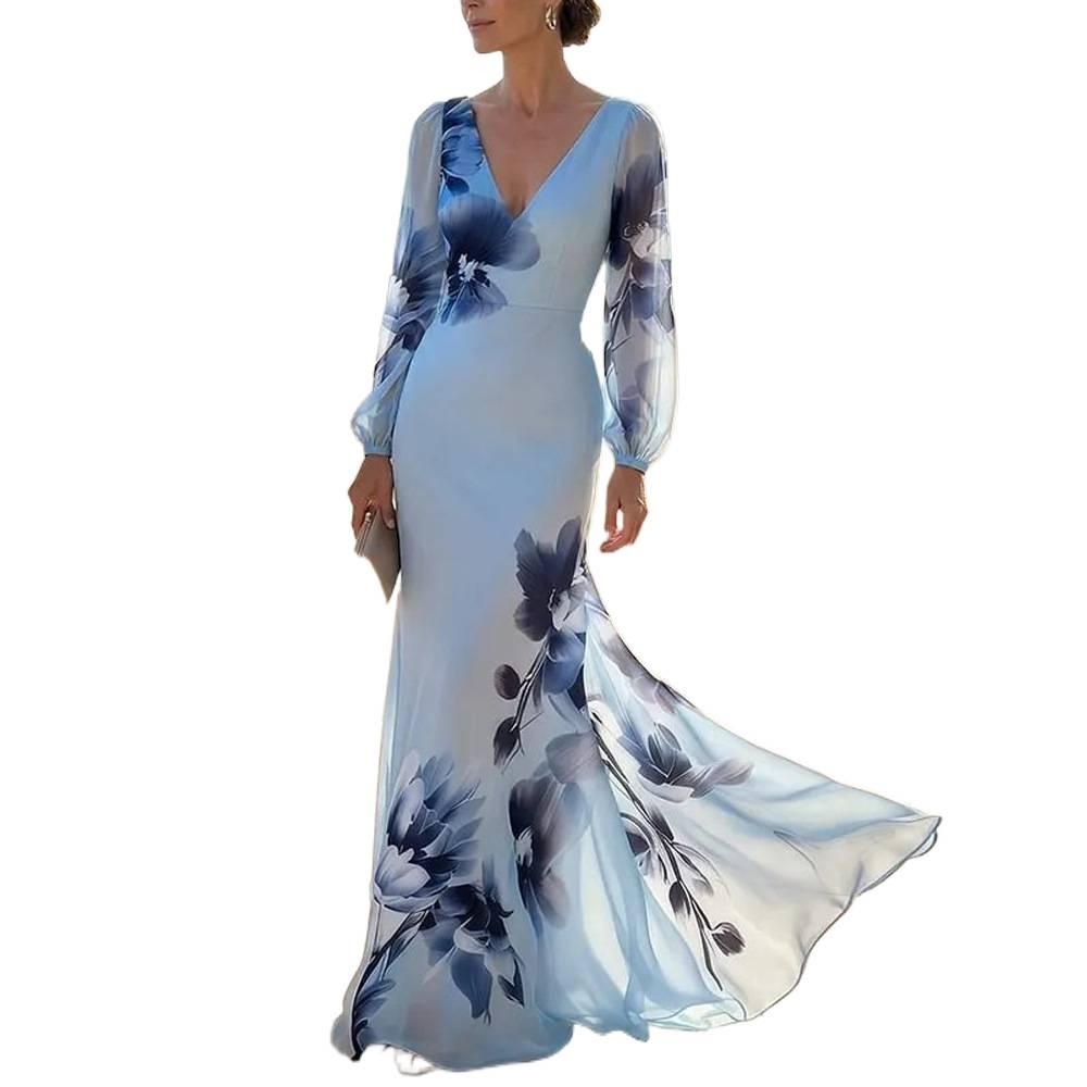 European and American style chiffon printing banquet dress dress women's long dress elegant temperament