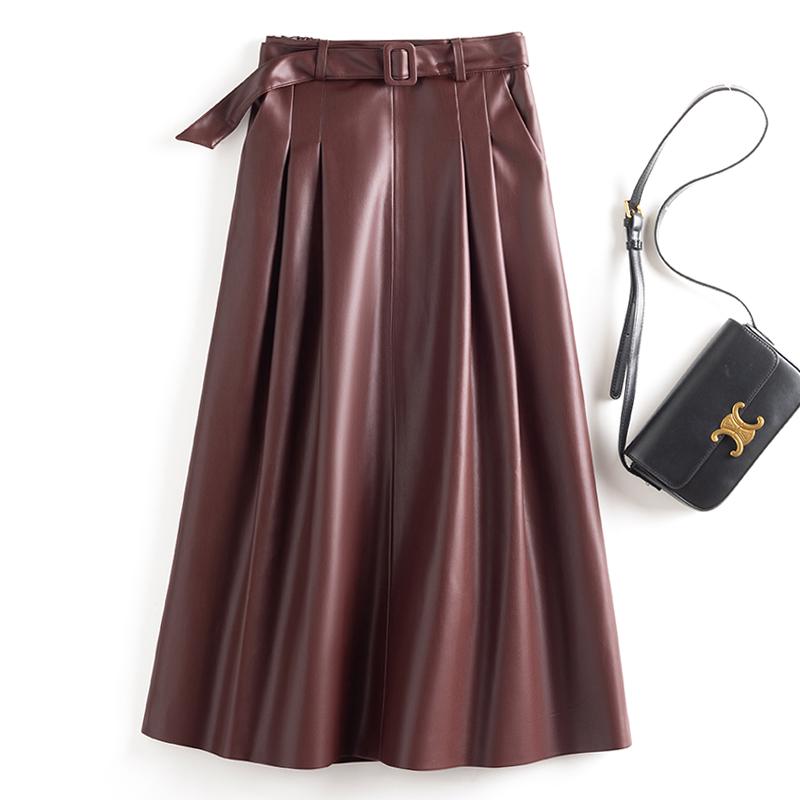 Women's Haining Lambskin A-Line Midi Skirt - High-Waisted, Slim Fit with Large Hem, Elegant Design