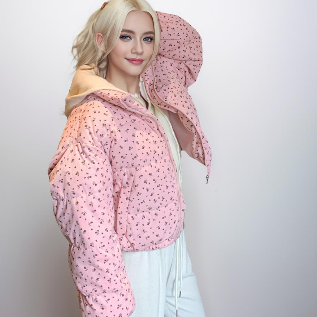 Trendy Dunjakke Dame Ny Kort Mote Floral Bomullsjakke Løs Fortykket Varm Jakke