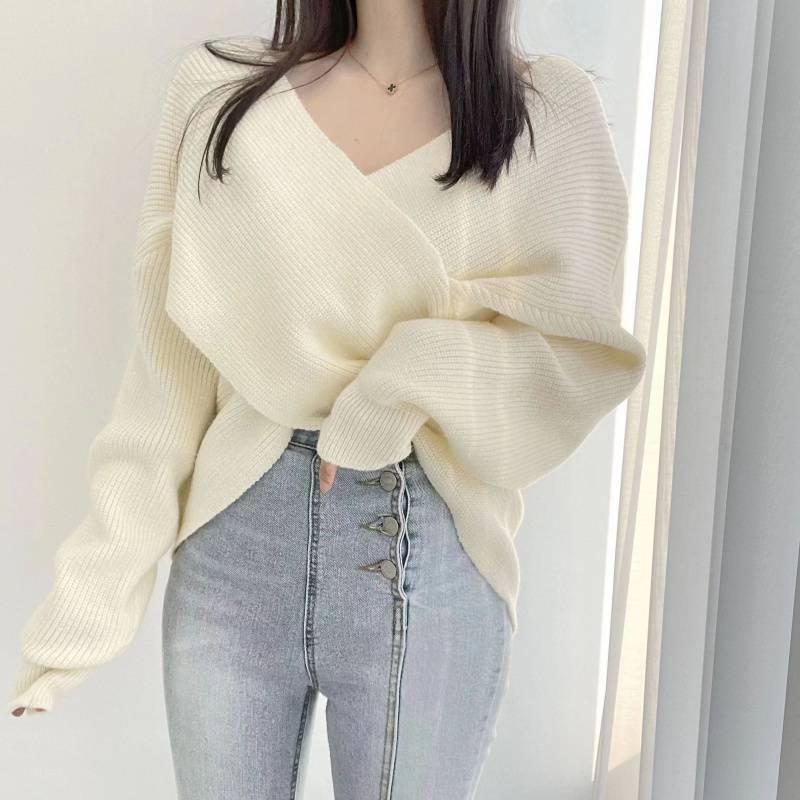 2026 Autumn/Winter Petite Korean Style Cross-Neck Loose Long Sleeve Sweater