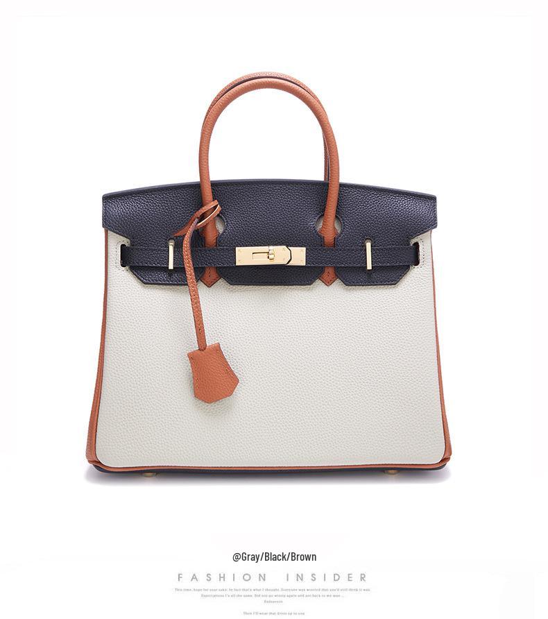 Color Block Genuine Leather Platinum Bag: Large Capacity Togo Cowhide Handbag with Lock - Fashion Shoulder Crossbody