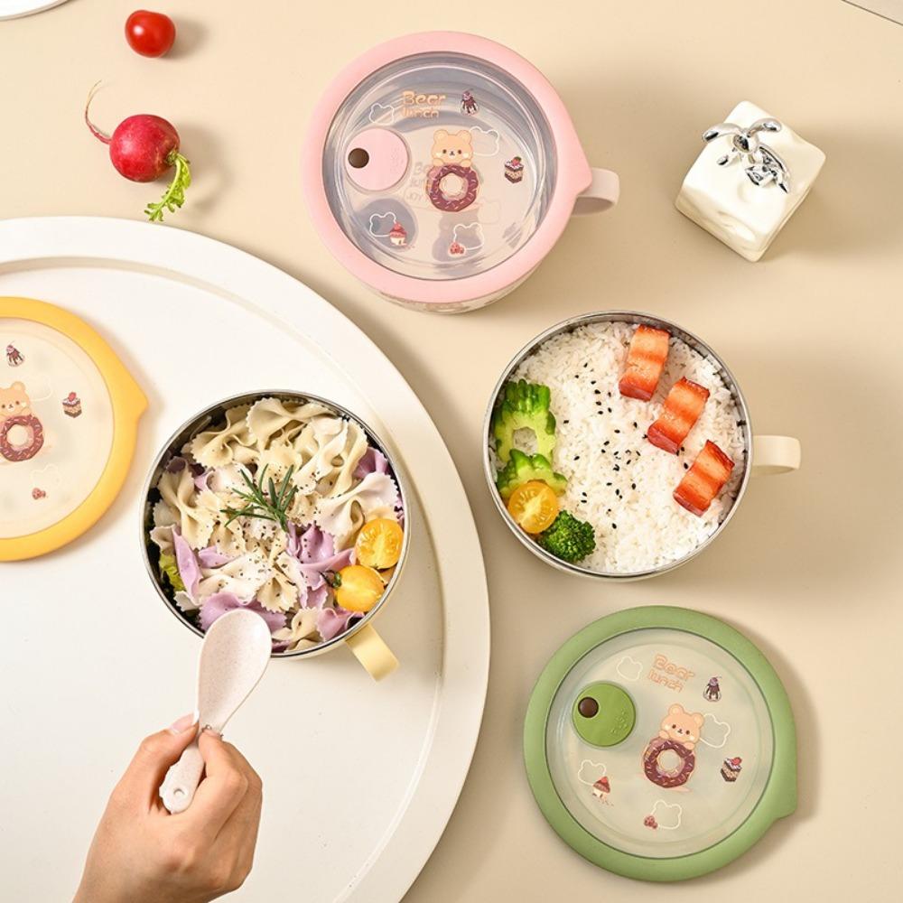 Stainless Steel Instant Noodle Bowl Bear Pattern Anti-scald Lunch Box Double Insulated with Lid Rice Bowl Kitchen Supplies