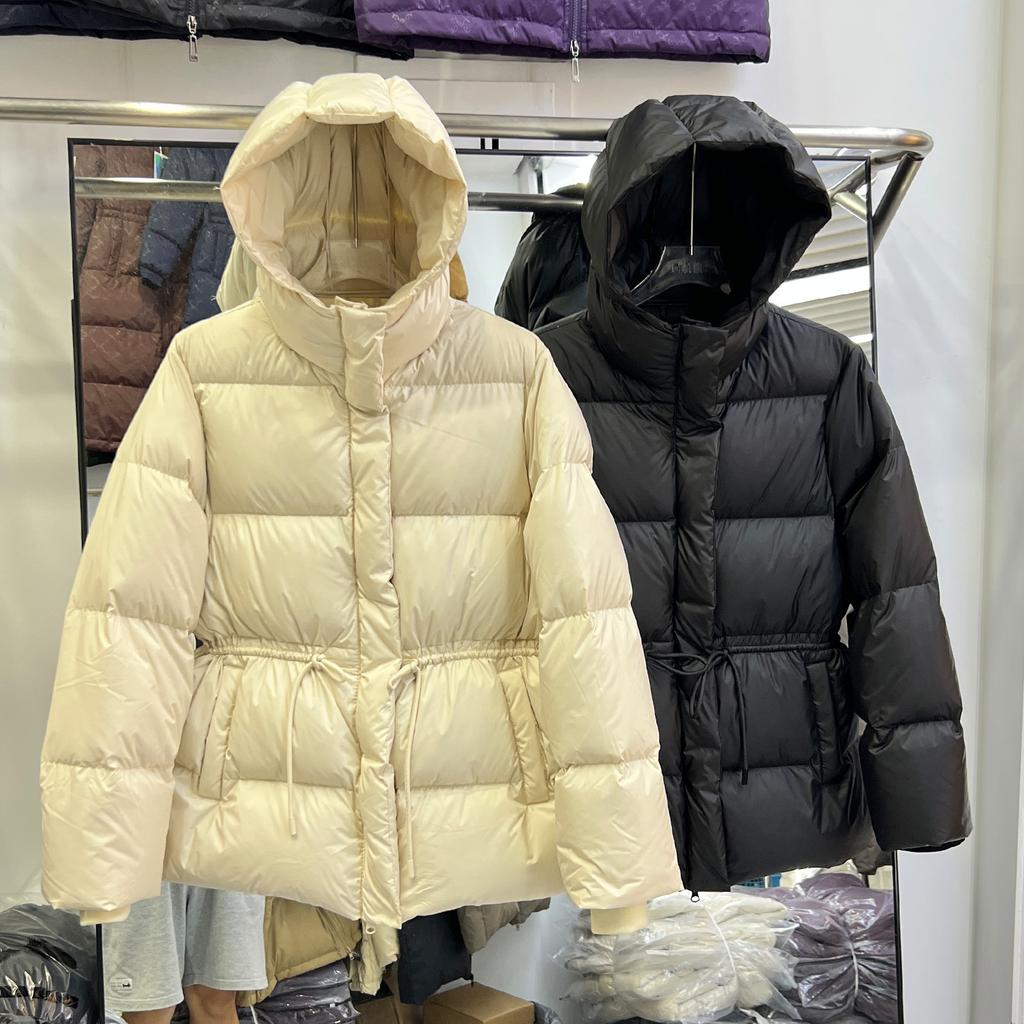 New down jacket women's medium and long thickened waist drawstring thin puff hooded bread jacket