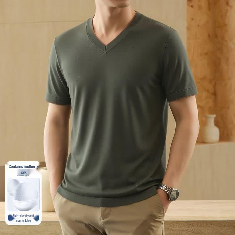 VEE KELLEN Men's Silk Blend V-Neck Short Sleeve T-Shirt