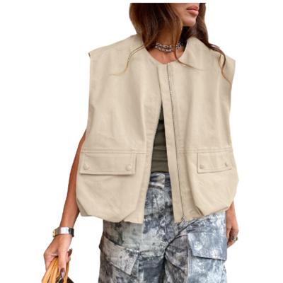 Women's Loose Waistcoat Without Cuff Pockets, Solid Color Cardigan, Zipper Fashion Jacket, Women