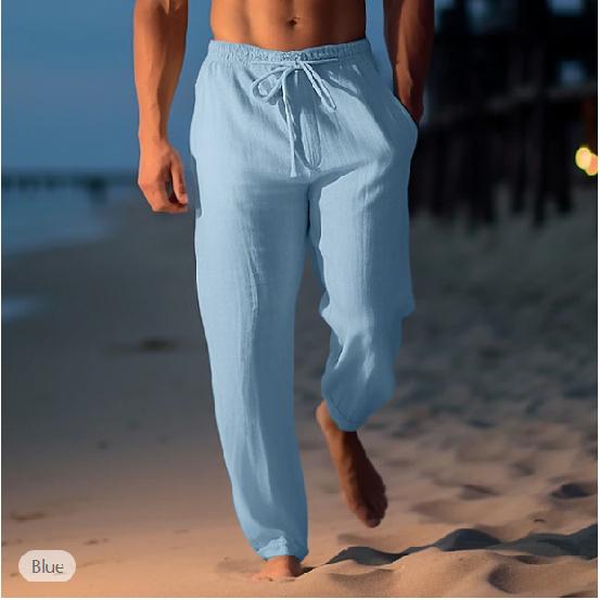 Men's pants summer pants beach pants drawstring elastic waist straight pants comfortable and breathable casual pants man