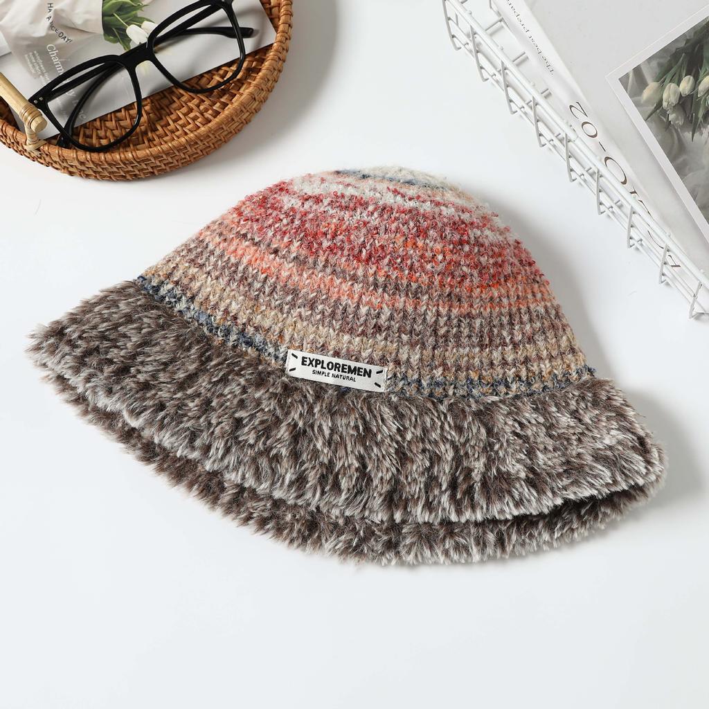Women's Winter Warm Plush Knitted Wool Hat Korean Style Trendy Striped Face Small Windproof Versatile Basin Hat