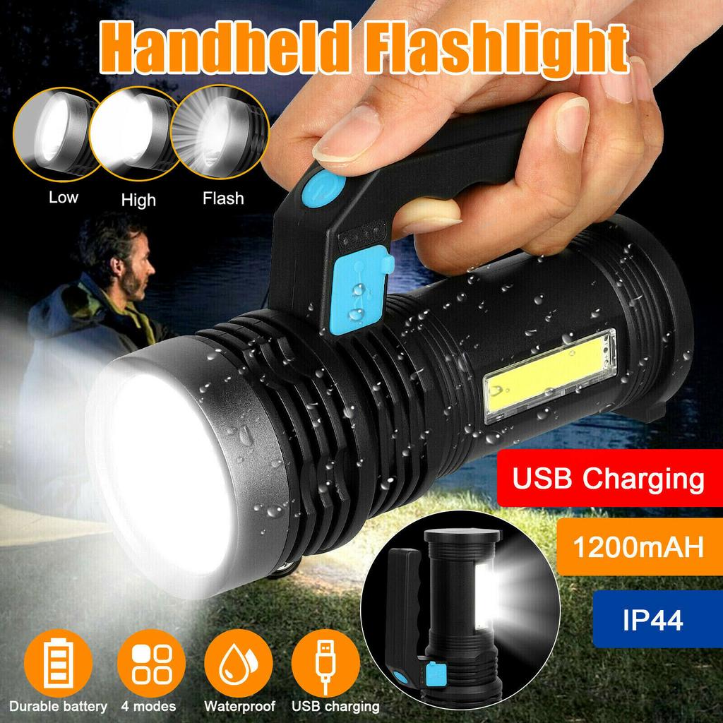 Handheld Flashlight 4 Modes Portable Rechargeable Ip44 Waterproof Super Bright Led Searchlight Spotlight