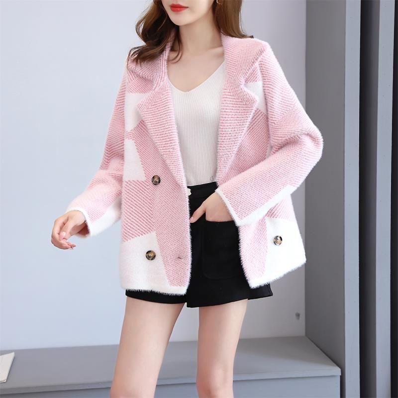 Women's Mink Fleece Coat Thickened Contrasting Faux Mink Fleece Knitted Cardigan Coat Plush Knitted Jacket