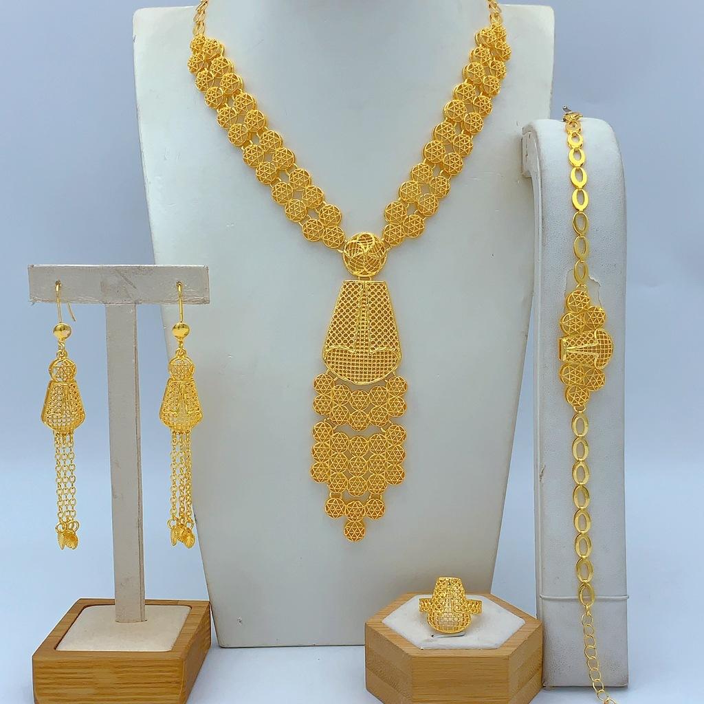 UAE Dubai Indian Bride Gold Plated 24K Gold Jewelry Four Piece Women's Necklace Bracelet Earrings Ring 2026