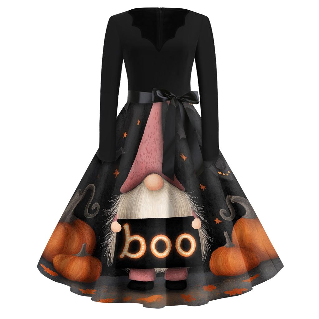Women's Vintage Halloween Print V Neck Dress Long Sleeve Retro Fit and Flare Dress with Waist Tie Belt Casual Party Dress