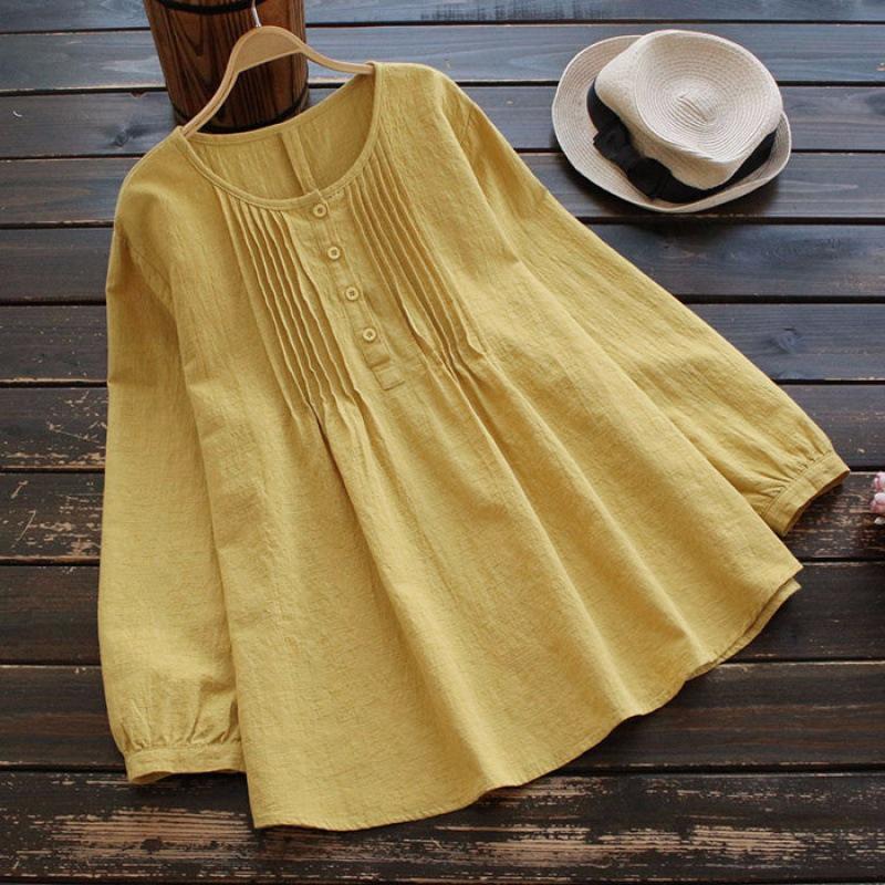 Available: Women's Long-Sleeve Pleated Round Neck Plus Size Shirt in Loose Cotton and Linen, All Colors and Sizes.