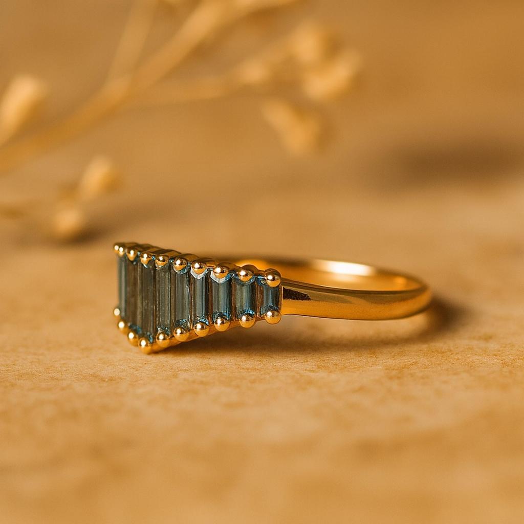 Chevron Aquamarine Baguette Ring – Blue Gemstone Band in Yellow Gold plating - 925 Sterling SIlver Jewelry Gift